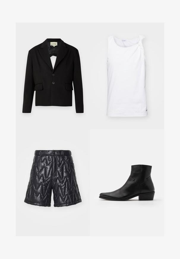 Černý zkrácený blazer s klopami, dvěma předními kapsami a dvěma černými knoflíky. Hladká tkanina s pevným siluetou.; Bílý bezrukávový top vyrobený z měkké tkaniny, s uzlovým detailem na rameni. Jednoduchý design s rovný střih a decentním logem na spodním lemu.; Černé prošívané šortky vyrobené z lesklé, polstrované látky. Obsahují zipový zip, přední kapsy a vzor cik-cak na povrchu.; Černá kožená kotníková bota s špičatou špičkou, minimálním množstvím švů, střední blokovou podpatečkou a hladkým, lesklým povrchem.
