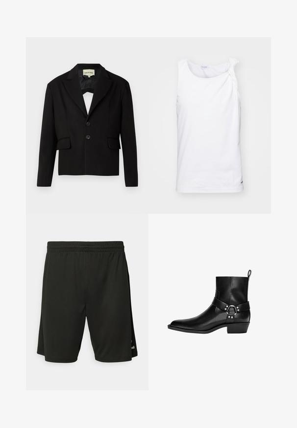 Zwarte cropped blazer met een gelapte revers, twee voorzakken en twee zwarte knopen. Glad materiaal met een gestructureerde silhouet.; Witte mouwloze top van zacht materiaal, met een geknoopt schouderdetail. Eenvoudig ontwerp met een rechte pasvorm en een subtiel logo aan de zoom.; Zwarte sportshorts van lichtgewicht stof, met een elastische tailleband en platte naden. Bevat een subtiele logo-detail aan de zoom.; Zwarte leren enkellaars met spitse neus, decoratieve riem en cirkelvormige gespsluiting, en een lage hak. Gladde textuur met minimale stiksels.