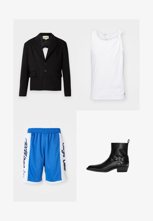 Fekete, rövidített zakó, kifordított hajtókával, elülső két zsebbel és két fekete gombbal. Sima anyag, strukturált fazon.; Fehér ujjatlan felső, puha anyagból, csomózott vállrész díszítéssel. Egyszerű dizájn, egyenes szabással és diszkrét logóval az alján.; Kék hálós sportnadrág elasztikus derékrésszel, fehér oldalsó panelekkel és fekete betűs díszítéssel mindkét oldalon.; Fekete bőr bokacsizma hegyes orral, díszes pánttal és kör alakú csattal, valamint alacsony sarokkal. Simaság jellemzi minimális varrással.