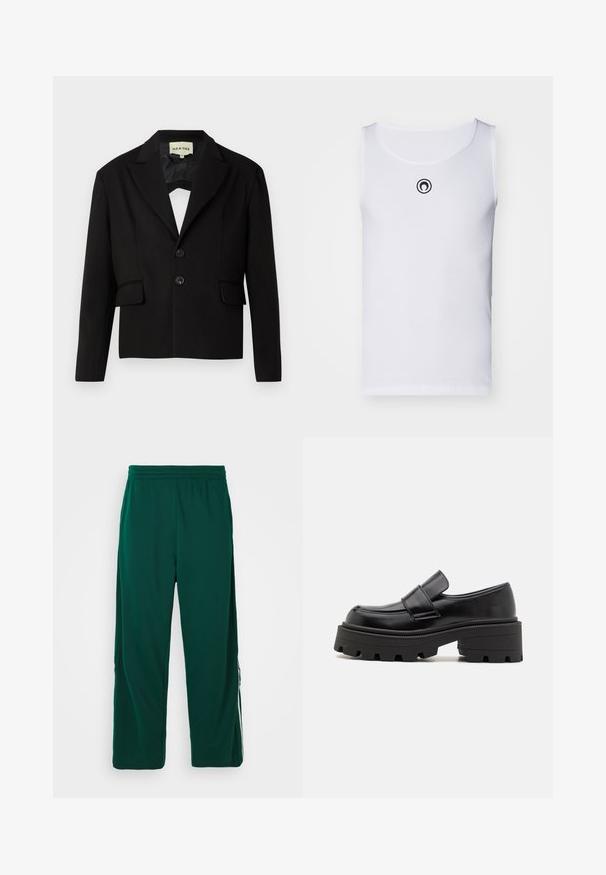 Black cropped blazer with a notched lapel, two front pockets, and two black buttons. Smooth fabric with a structured silhouette.; White sleeveless tank top made of ribbed fabric, featuring a round neckline and a small black logo on the chest.; Green, lightweight, elastic waist pants with a relaxed fit. Features side pockets and white stripe detailing along the sides.; Black leather loafers with a chunky rubber sole, featuring a raised platform and a strap across the instep. Smooth texture and rounded shape.