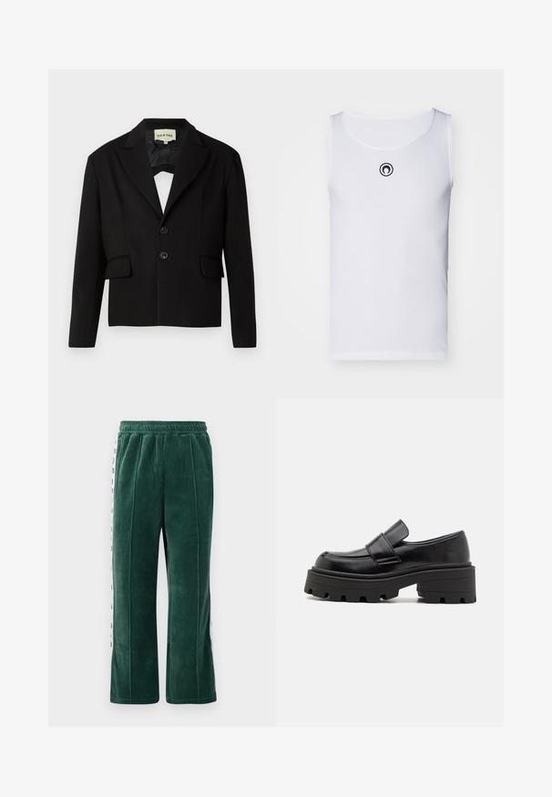 Blazer noir court avec un col cranté, deux poches avant et deux boutons noirs. Tissu lisse avec une silhouette structurée.; Débardeur blanc sans manches en tissu côtelé, avec un col rond et un petit logo noir sur la poitrine.; Pantalons de survêtement en velours vert foncé avec une taille élastique, dotés de coutures verticales et de panneaux latéraux blancs avec du texte noir. Coupe droite.; Mocassins en cuir noir avec une semelle en caoutchouc épaisse, présentant une plateforme surélevée et une sangle sur le cou-de-pied. Texture lisse et forme arrondie.