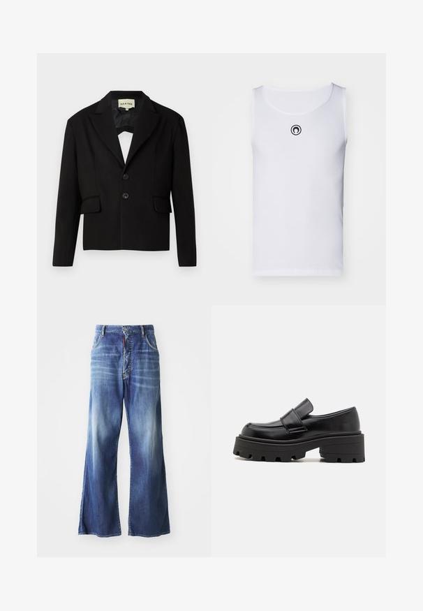 Melna īsā žakete ar iegrieztiem atlokiem, divām priekšējām kabatām un divām melnām pogām. Gluda auduma struktūra ar izteiktu siluetu.; Balts bez piedurknēm T-krekls, izgatavots no ribota auduma, ar apaļu kakla izgriezumu un mazu melnu logotipu uz krūšu daļas.; Plati zili denima džinsi ar izbalinātu mazgāšanu, piecu kabatu dizainu un priekšējo pogu aizdari ar kontrastējošu sarkanu akcentu.; Melnas ādas loafers ar masīvu gumijas zoli, kas iezīmē paceltu platformu un siksnu pāri instepam. Gluda tekstūra un noapaļota forma.