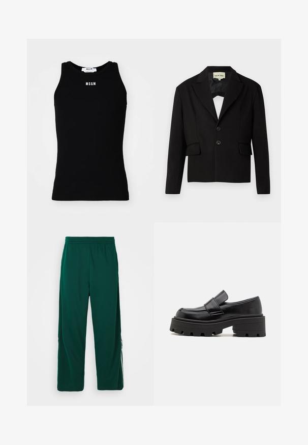 Blazer noir court avec un col cranté, deux poches avant et deux boutons noirs. Tissu lisse avec une silhouette structurée.; Débardeur noir avec texture côtelée, encolure ronde et logo "MSGM" en blanc sur le devant. Design sans manches. Tissu uni, sans motifs.; Pantalons verts légers avec taille élastique et coupe décontractée. Comprend des poches latérales et des rayures blanches le long des côtés.; Mocassins en cuir noir avec une semelle en caoutchouc épaisse, présentant une plateforme surélevée et une sangle sur le cou-de-pied. Texture lisse et forme arrondie.