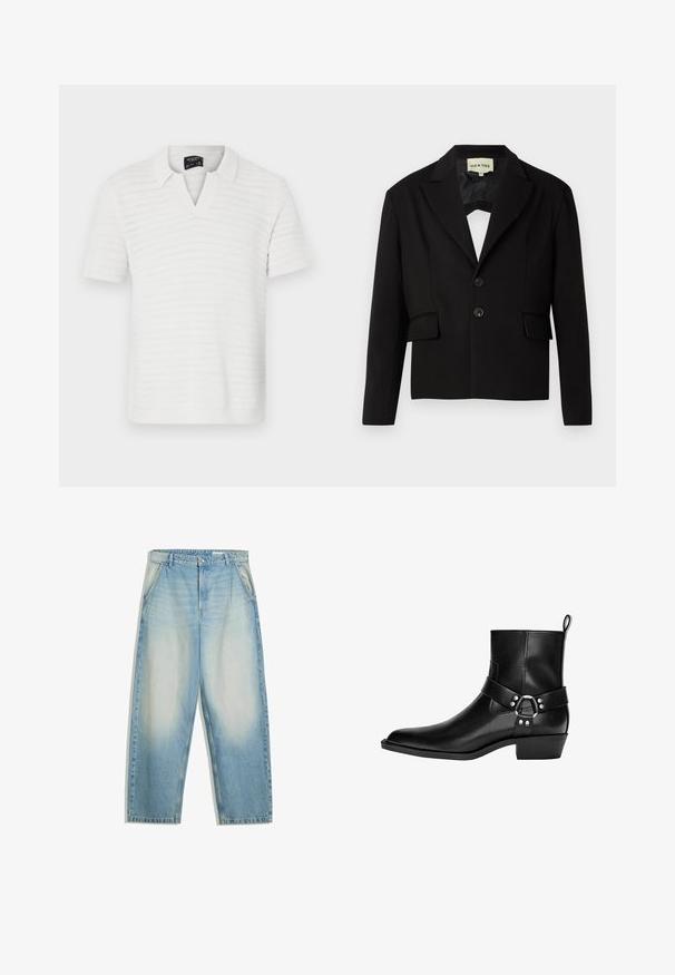 Blazer nero a maniche corte con revers, due tasche frontali e due bottoni neri. Tessuto liscio con una silhouette strutturata.; Polo shirt bianco a maniche corte con un motivo a righe texturizzato e colletto a scollo a V. Tessuto leggero con una leggera lucentezza.; Jeans in denim azzurro con un design a gamba larga, sbiaditi alle ginocchia, dotati di cinque tasche e chiusura frontale con bottone.; Stivaletto in pelle nera alla caviglia con punta affilata, fascia decorativa e dettaglio con fibbia circolare, e tacco basso. Texture liscia con cuciture minime.