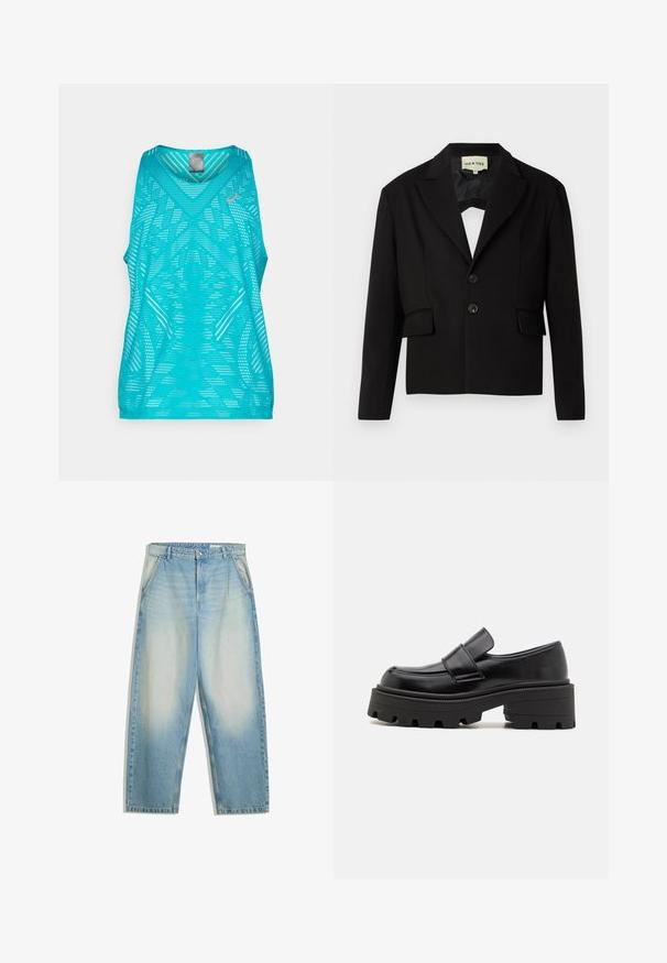 Black cropped blazer with a notched lapel, two front pockets, and two black buttons. Smooth fabric with a structured silhouette.; Lightweight turquoise tank top with a v-neck design, featuring a textured pattern of perforations and contrasting logo detail.; Light blue faded denim jeans with a loose fit, side pockets, belt loops, and a button closure at the waist.; Black leather loafers with a chunky rubber sole, featuring a raised platform and a strap across the instep. Smooth texture and rounded shape.