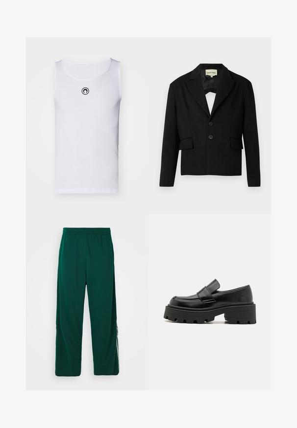 Blazer noir court avec un col cranté, deux poches avant et deux boutons noirs. Tissu lisse avec une silhouette structurée.; Débardeur blanc sans manches en tissu côtelé, avec un col rond et un petit logo noir sur la poitrine.; Pantalons verts légers avec taille élastique et coupe décontractée. Comprend des poches latérales et des rayures blanches le long des côtés.; Mocassins en cuir noir avec une semelle en caoutchouc épaisse, présentant une plateforme surélevée et une sangle sur le cou-de-pied. Texture lisse et forme arrondie.