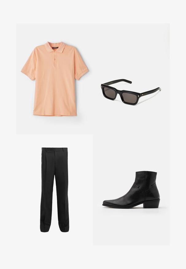 Zwarte cropped blazer met een gelapte revers, twee voorzakken en twee zwarte knopen. Glad materiaal met een gestructureerde silhouet.; Perzikkleurige polo shirt van katoen. Beschikt over een klassieke kraag, korte mouwen en een subtiel logo op de borst. Zachte textuur, eenvoudig ontwerp.; Zwarte broek met een recht-pijpen ontwerp, voorzien van plooien, een enkele knoopsluiting en riemlussen. Gemaakt van gladde stof.; Zwarte leren enkellaars met een spitse neus, minimale stiksels, een middellange blokhak en een gladde, gepolijste afwerking.; Zwarte rechthoekige zonnebril met donkere lenzen, een dik plastic montuur, gouden accenten op de veren en het merkembleem gegraveerd op de arm.
