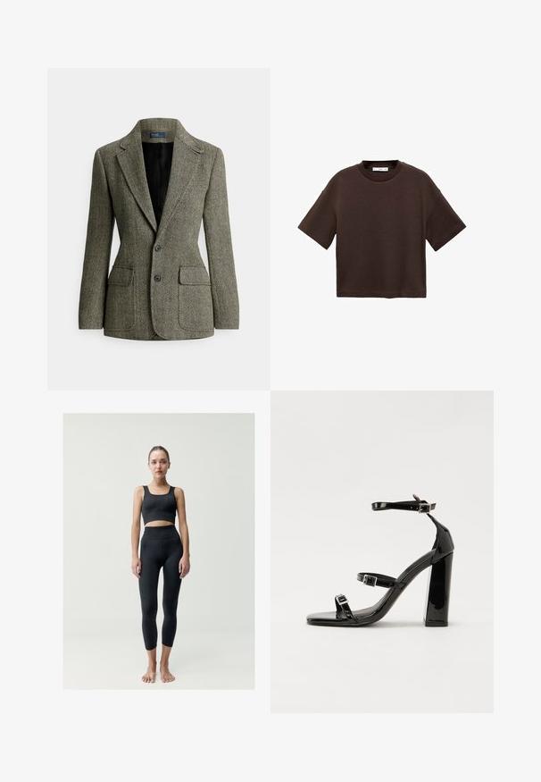 Dámské sako na míru s černo-béžovým vzorem rybí kosti, s výřezovými klopami, dvěma knoflíky a klopovými kapsami.; Hnědé tričko s krátkým rukávem vyrobené z měkké bavlny. Má kulatý výstřih a volný střih, s hladkou strukturou a bez viditelných vzorů.; Černá žebrovaná crop top a vysoké legíny, které se vyznačují přiléhavým střihem a délky po kotníky. Hladká textura, minimální detaily.; Černé lakované sandály na podpatku se čtveratou špičkou, lýtkovými pásky a stříbrnými přezkami. Disponují masivním blokovým podpatkem pro stabilitu.