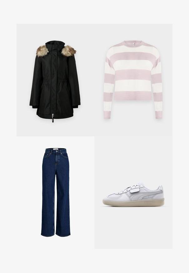 Schwarzer langer Wintermantel mit hohem Kragen und braunem Pelzbesatz an den Schultern, mit vorderem Reißverschluss und taillierter Taille.; Hellrosa-weiß gestreifter Strickpullover mit langen Ärmeln, Rundhalsausschnitt und gerippten Bündchen, mit einem cropped Design und glatter Textur.; Hochgeschnittene, dunkelblaue Jeans aus Denim mit weitem Bein, Knopfverschluss vorne und fünf Taschen.; Weiße Ledersneaker mit grauen Akzenten, Schnürverschluss und einer strukturierten Gummisohle. Mit einem auffälligen Logo an der Seite.
