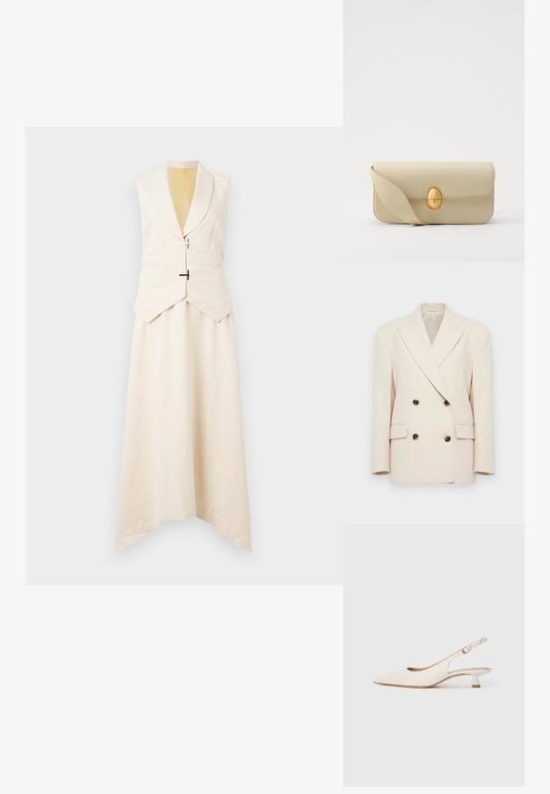 Sacou dublu dintr-o nuanță crem, cu rever largi și patru nasturi închisi, având două buzunare cu clapetă și umeri structurați.; Stine Goya MATTE SHEER TAILORED HANDKERCHIEF DRESS - Rochie de zi - ivory/cornsilk; Pantof cu vârf ascuțit de culoare crem, cu toc mic și curea subțire, având o cataramă aurie, pe fundal alb simplu.; Geantă de mână din piele bej, cu o textură netedă, formă rectangulară și un închizător oval auriu. Dispune de o curea lungă, ajustabilă.