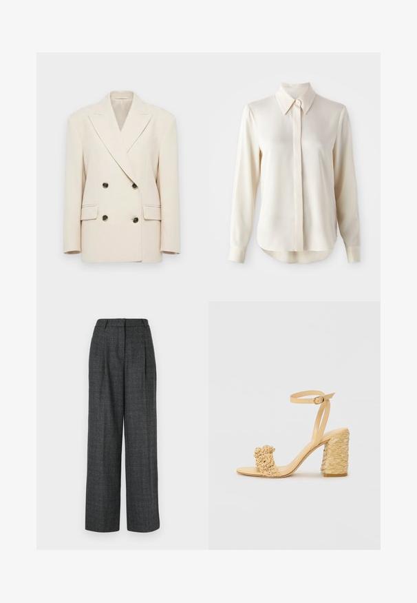Blazer double boutonnage couleur crème avec de larges revers et quatre boutons foncés, comportant deux poches à rabat et des épaules structurées.; Chemise à manches longues, col en soie ivoire, avec une fermeture à boutons sur le devant, une légère brillance, et un ourlet arrondi avec une coupe décontractée.; Pantalons larges gris en tissu texturé, dotés de plis avant, d'une taille haute et d'une coupe ajustée pour une apparence structurée.; Sandale à talons hauts beige avec une texture tressée, ornée d'une fleur décorative et d'une bride à la cheville. Le talon carré ajoute de la stabilité.