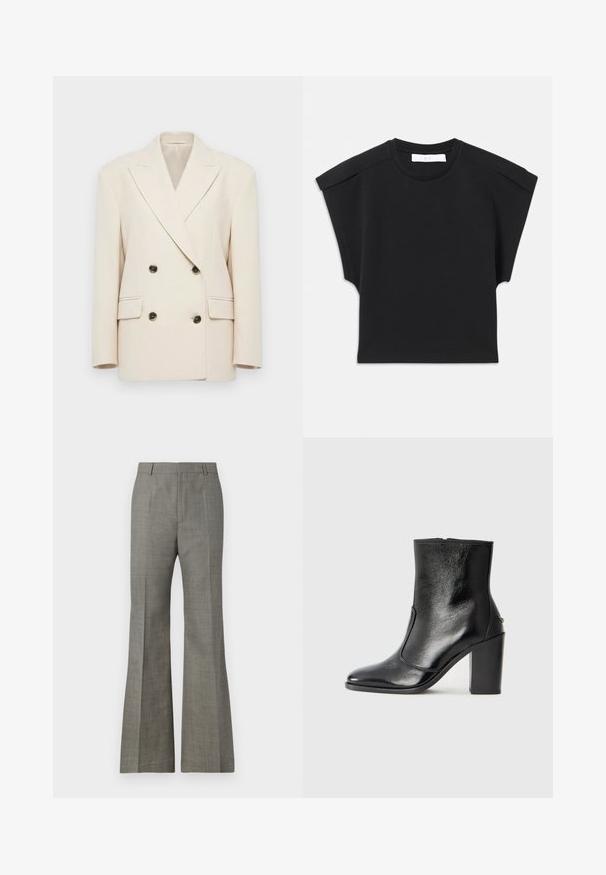 Krämsfärgad dubbelknäppt blazer med breda slag och fyra mörka knappar, med två flap-fickor och strukturerade axlar.; Svart kortärmad topp med rund halsringning och axeldetaljer, liggande platt på en vit bakgrund.; Grå utsvängda byxor i texturerat tyg, med skräddarsydd passform, subtilt rutmönster och pressveck fram för en elegant utseende.; Svart läderankelboot med en slät yta, spetsig tå och en kraftig hög klack. Har en sidöppning och ett minimalistiskt design.