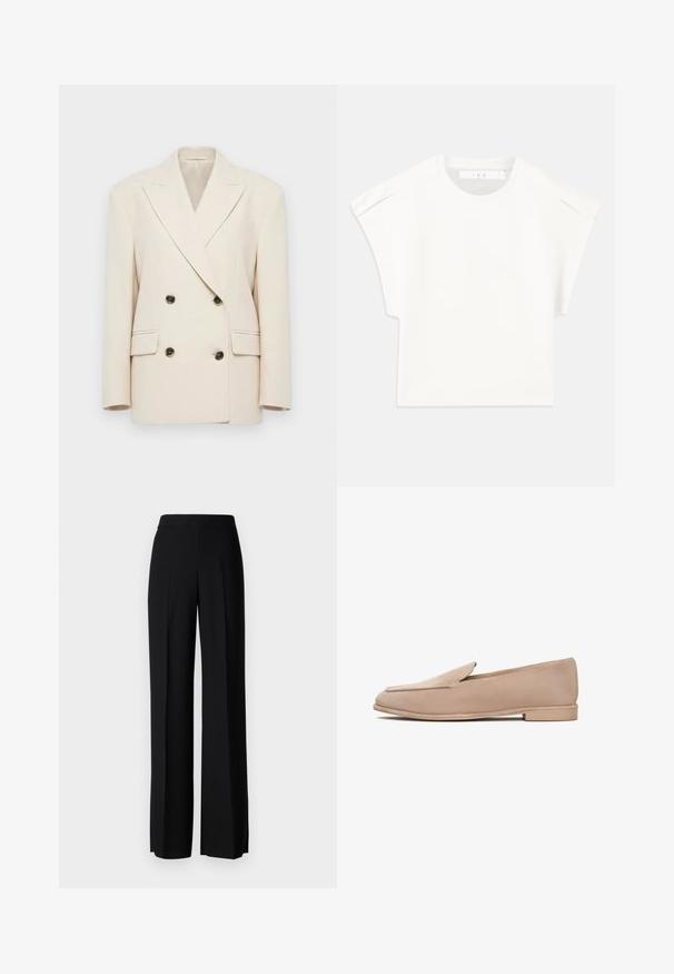 Crème kleurige double-breasted blazer met brede revers en vier donkere knopen, voorzien van twee klepzakken en gestructureerde schouders.; Witte boxy t-shirt met korte mouwen. Gemaakt van soepel materiaal, met een ronde halslijn en subtiele schouderaccenten. Eenvoudig ontwerp.; Zwarte wijde broek met een gladde textuur, voorzien van een hoge tailleband en middelste plooien. Geen zichtbare patronen of hardware-details.; Beige suède instappers met een lage hak, amandelvormige neus en gestikte details langs de randen. Gladde textuur en minimalistisch ontwerp.