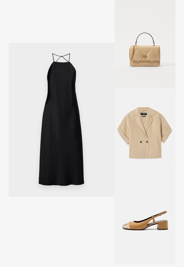 Beige, rövidujjú, dupla gombos zakó, kihajtott gallérral és két elülső zsebnél, puha textúrájú anyagból készült.; Fekete selyem maxi ruha, vállpántos nyakkivágással és keresztpántos hátrésszel, sima textúrával és minimalista dizájnnal.; Barna bőr slingback pumpa, fémes arany orral, blokk sarkú és vékony, állítható pánttal. Sima textúra, minimális részletezéssel.; Beige, steppelt bőrtáska aranyozott fémalkatrészekkel, láncos vállpánttal és felső fogantyúval. Elöl klappal és jellegzetes logó részlettel rendelkezik.