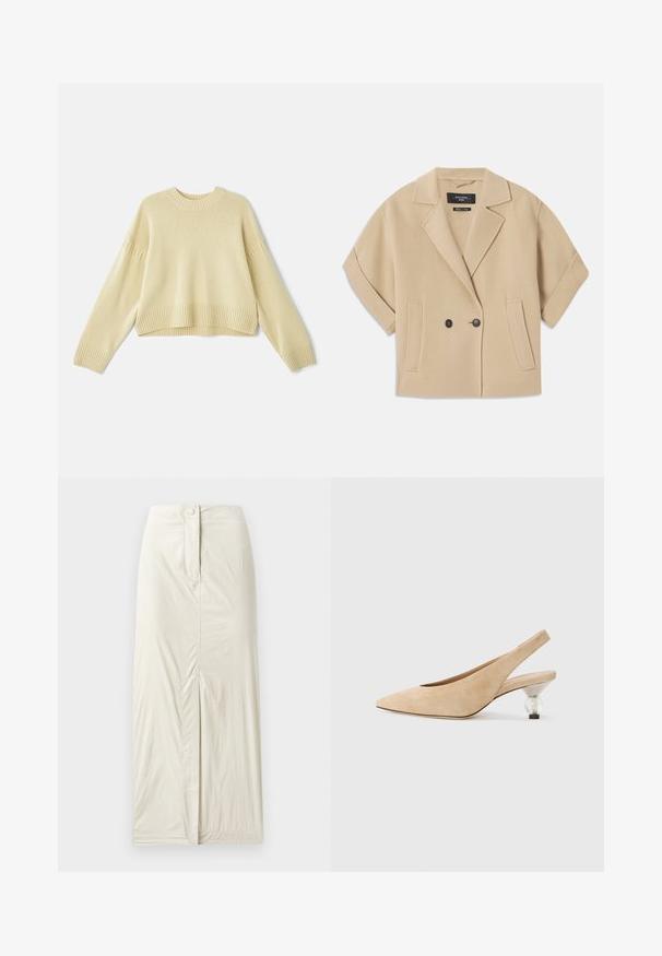 Beige kahekordse nööpidega jakk lühikeste varrukatega, millel on sakiline krae ja kaks eesmist taskut, valmistatud pehmest tekstuursedest kangast.; Vanessa Bruno ESTHER - Džemper - jaune; Heledbeez, põlvepikkune seelik, mis on valmistatud siledast, tekstuurist kangast. Omab esist lõhet ja nööpsulgurit vööl.; Bež sametist slingback kingad terava varbaga ja läbipaistva ümmarguse kontsaga. Sile tekstuur ja minimalistlik disain.