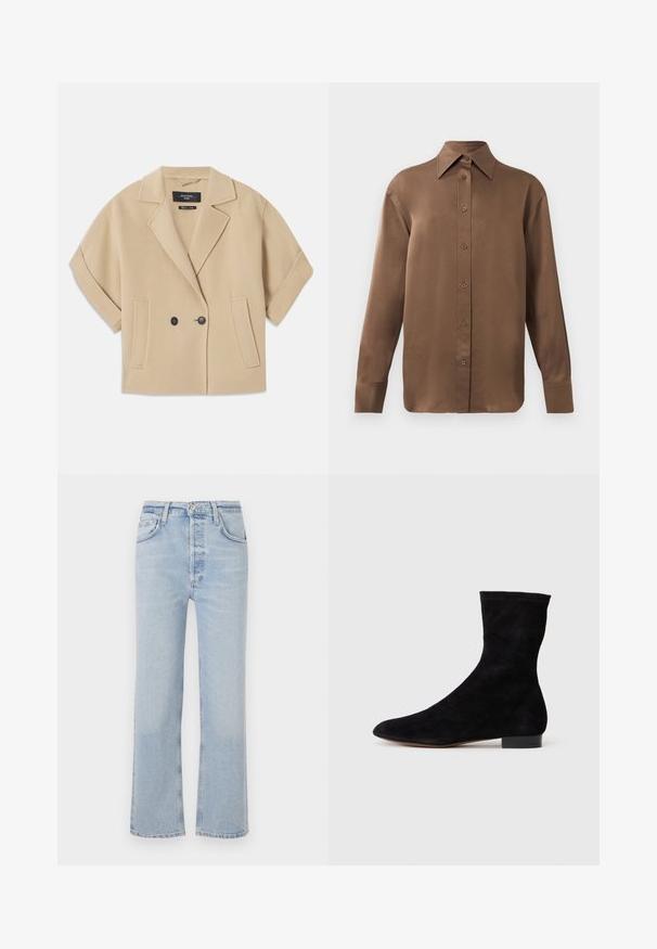 Beige, rövidujjú, dupla gombos zakó, kihajtott gallérral és két elülső zsebnél, puha textúrájú anyagból készült.; Barna, hosszúujjú, gombos ing, hegyes gallérral és mandzsettákkal, egyszerű fehér háttér előtt kiemelve.; Világoskék farmernadrág, egyenes lábakkal, elülső zsebekkel és egy apró fém gombbal a deréknál.; Fekete velúr bokacsizma, illeszkedő szárral, hegyes orral és alacsony blokk sarokkal. Simább felület és minimalista dizájn, amely sokoldalú stílushoz megfelelő.