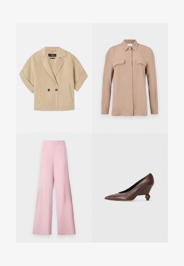 Beige kahekordse nööpidega jakk lühikeste varrukatega, millel on sakiline krae ja kaks eesmist taskut, valmistatud pehmest tekstuursedest kangast.; Beezh pikkade varrukatega pikkade nööpidega särk kergest kangast. Omab kahte rinnataskut ja klassikalist kraestikku, sirge lõike ja minimalistliku disainiga.; Kerged püksid helesinises kangas, millel on sile tekstuur, kõrge vöökoht ja nähtamatud mustrid või aksessuaarid.; Pruunist nahast tõstetud kontsaga kingad, millel on terav varvas ja ümar pallikujuline konts. Sile tekstuur, lihtne disain ja minimaalsed aksessuaarid.