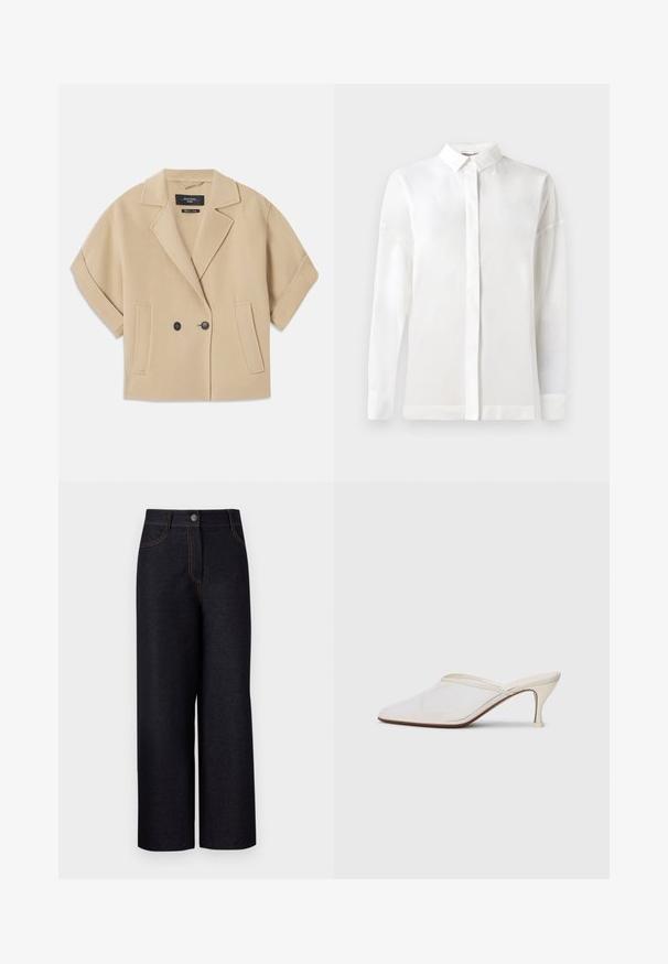 Beige dubbelzijdig jasje met korte mouwen, voorzien van een geknipt revers en twee voorzakken, gemaakt van een zachte textuurstof.; Witte langemouwen shirt met een geknoopte kraag, gladde textuur, rechte snit en een verborgen knopenlijst. Zachte, lichtgewicht stof zonder patronen.; Donkerdenim wijde broek met hoge taille, contrasterende oranje stiksels, voorzakken en een sluiting met knoop aan de voorkant.; Witte mesh puntige muiltjes met een slanke hak van middelgrote hoogte en een slip-on ontwerp, tegen een effen achtergrond.