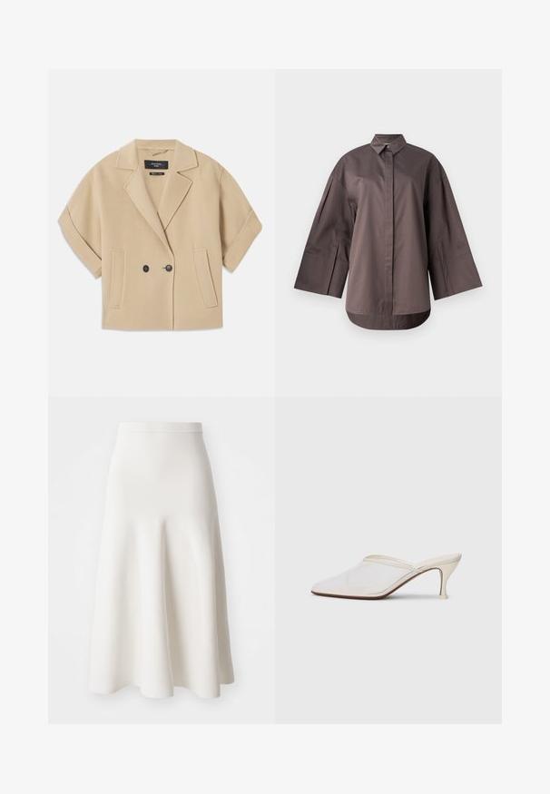Beige double-breasted jacket with short sleeves, featuring a notched lapel and two front pockets, made from a soft textured fabric.; MM SAPORE - Button-down blouse - mud; A white A-line skirt made from a smooth fabric, featuring a fitted waist and a flared silhouette that falls gently to mid-calf.; White mesh pointed-toe mule with a slim mid-height heel and slip-on design against a plain background.
