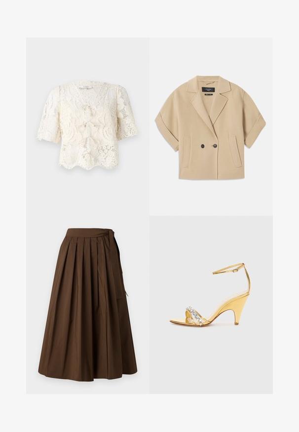 Beige kahekordse nööpidega jakk lühikeste varrukatega, millel on sakiline krae ja kaks eesmist taskut, valmistatud pehmest tekstuursedest kangast.; Kreemivärvi pitsist bl razgovstring laias varrukaga, lainelise äärisega ja dekoratiivsete nööridetailidega ees. Üle kogu pinna on keeruline lillemuster.; Kohvane volditud seelik, mis on valmistatud sileda tekstuuriga kangast, millel on kõrge vöökoht ja külgside detail sulgemiseks.; Kuldsete kontsadega sandaalid, millel on rihmadega disain ja rhinestone'idega kaunistatud vöö. Avatud varvased, reguleeritav pahkluu rihm ja kitsenev konts.