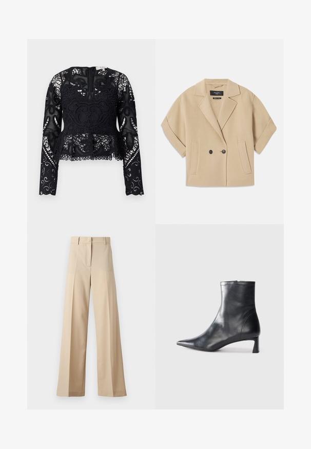 Beige, rövidujjú, dupla gombos zakó, kihajtott gallérral és két elülső zsebnél, puha textúrájú anyagból készült.; Fekete csipkés peplum felső hosszú ujjakkal, bonyolult virágmintákkal és ívelt szegéllyel. Kerek nyakkivágással és hátsó cipzáras záródással rendelkezik.; Beige színű, bő szabású nadrág sima anyagból, lapos elejével, redőkkel, cipzáras záródással és övhurkokkal. Összességében testreszabott szabású.; Fekete bőr bokacsizma hegyes orral és letisztult dizájnnal. Alacsony sarka és hátsó cipzáras záródása van. Simának tűnő textúra.