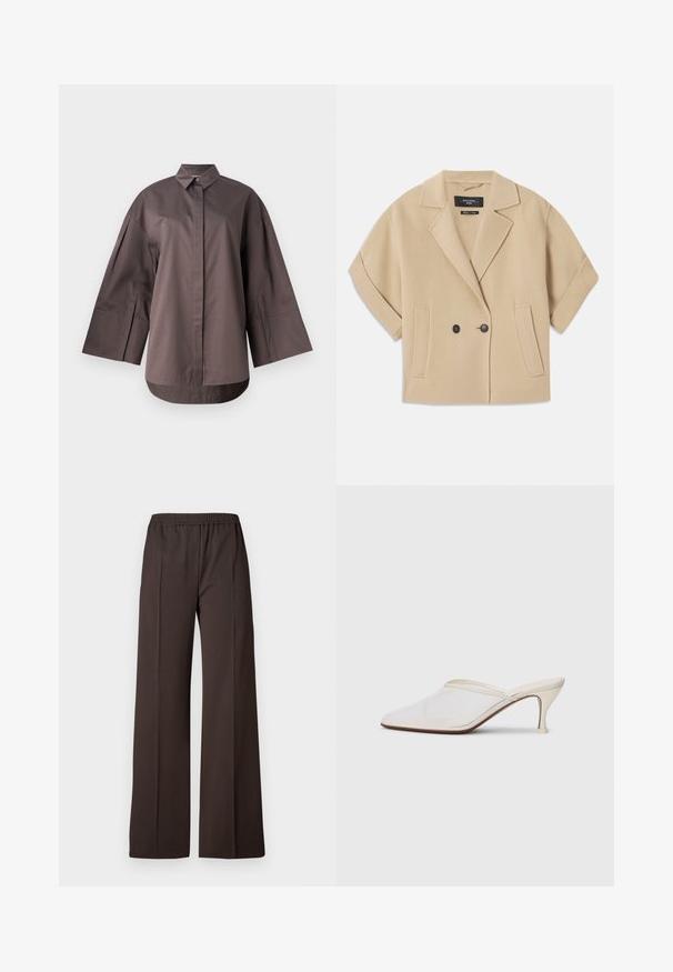 Beige doppelt-knopf jacke mit kurzen Ärmeln, mit einem Reverskragen und zwei Vorderentaschen, aus einem weichen strukturierten Stoff gefertigt.; MM SAPORE - Hemdbluse - mud; Weite Hosen aus dunkelbraunem Stoff mit einem elastischen Taillenbund, die eine glatte Textur und klare Linien für einen eleganten Look aufweisen.; Weiße Mesh-Pantoletten mit spitzer Zehenform, schlankem Mittelabsatz und Slip-On-Design vor einem schlichten Hintergrund.