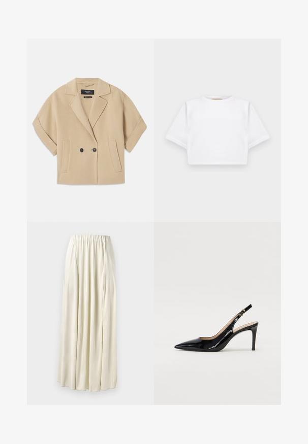 Casaco bege de dupla certeza com mangas curtas, apresentando um lapela serrilhada e dois bolsos frontais, feito de um tecido suave e texturizado.; T-shirt branca corta, feita de tecido macio, apresentando mangas curtas, um decote redondo e detalhes de bainha canelada. Design simples e despretensioso.; Saia longa de cor creme com um cós elástico, feita de um tecido suave. Apresenta pregas suaves e um design fluido. Sem padrões visíveis.; Sandal com salto em verniz preto, bico fino, salto esguio e um design de recorte subtil. Apresenta uma fivela dourada na alça.
