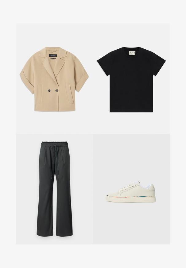 Sacou bej cu două rânduri de nasturi, cu mâneci scurte, având rever înclinat și două buzunare frontale, confecționat dintr-un material moale și texturat.; Tricou negru cu mânecă scurtă și guler rotund, având un etichetă albă în interiorul gulerului, inscripționată cu "D.R.C. EST. 2002" pe un fundal alb.; Pantaloni largi negri cu talie elastică și șnururi lungi, afișați pe un fundal alb simplu.; Sneaker de tip low-top de culoare alb murdar, cu brâu de legare, căptușeală interioară albă și o margine subtilă multicoloră pe marginea talpii, vedere laterală.