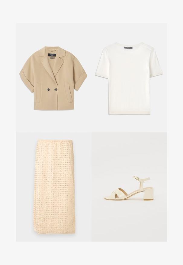 Beige, rövidujjú, dupla gombos zakó, kihajtott gallérral és két elülső zsebnél, puha textúrájú anyagból készült.; Fehér, rövid ujjú kötött felső, kerek nyakkivágással, sima textúrával és diszkrét bordázott részletekkel az ujjain és az alján.; Bézs szoknya gathered ráncolt derékrésszel, ezüst virágmotívumokkal hímzett rácsmintával, texturált anyagból és könnyed, légies formával.; Beige lakkbőr magassarkú szandál, kereszttartós kialakítással, nyitott orral, állítható bokapánttal és tömbsarokkal. Sima textúrával.