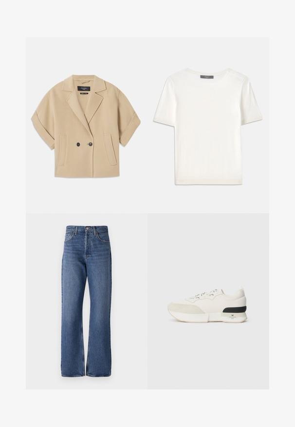 Casaco bege de dupla certeza com mangas curtas, apresentando um lapela serrilhada e dois bolsos frontais, feito de um tecido suave e texturizado.; Top de malha branco, de mangas curtas, com decote redondo, apresentando uma textura suave e discretos realces canelados nas mangas e na barra.; Jeans de denim azul com uma cintura alta, silhueta de perna larga, design clássico de cinco bolsos e um desgaste subtil ao longo do tecido.; Sneaker branco com biqueira em camurça texturizada, parte superior em malha lisa, atacadores decorativos e um detalhe na parte de trás em borracha preta.
