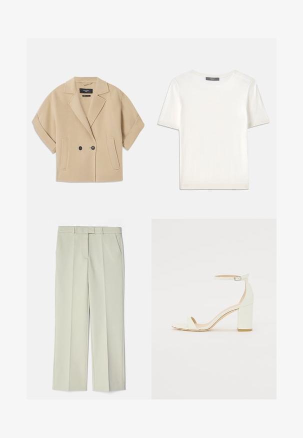 Šviesiai rudas dvigubos krūtinės švarkas su trumpomis rankovėmis, turintis išpjovą ir dvi priekines kišenes, pagamintas iš minkštos tekstūruotos medžiagos.; Baltas trumpas rankovėmis megztinis su apvaliu kaklu, pasižymintis lygia tekstūra ir subtiliais raštuotais akcentais rankovėse bei apykaulyje.; Šviesiai smėliniai kelnės su pritaikytu dizainu, turinčios lygų priekinį kraštą, dvi šonines kišenes ir lygų tekstūrą.; Baltos odos blokinio kulno sandalai, su kulkšnies dirželiu ir sagtimi, minimalistinio dizaino. Atvira pirštų dalis ir sklandžios tekstūros visoje.