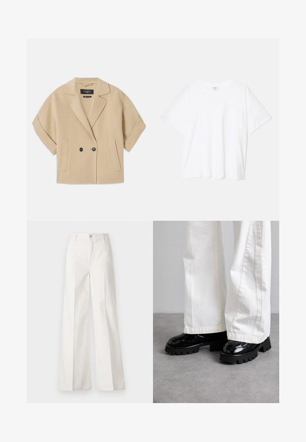 Beige kaksirivinen takki lyhyillä hihoilla, jossa on hahlot ja kaksi etutaskua, valmistettu pehmeästä teksturoidusta kankaasta.; Valkoinen puuvillapaita lyhyillä hihoilla, pyöreällä pääntiellä, rentoa tyyliä ja ommeltu helma. Tunniste näkyvissä sisäkauluksessa.; Valkoiset leveälahkeiset housut, jotka on valmistettu puuvillasta ja joissa on sileä rakenne. Ominaisuuksiin kuuluvat etupainike, vetoketjuluukku ja neljän taskun muotoilu.; Mustat paksupohjaiset kengät kiiltävällä pinnalla, yhdistettynä valkoisiin leveälahkeisiin housuihin. Kengissä on huomattava paksu kulutusosa ja sileä pinta.