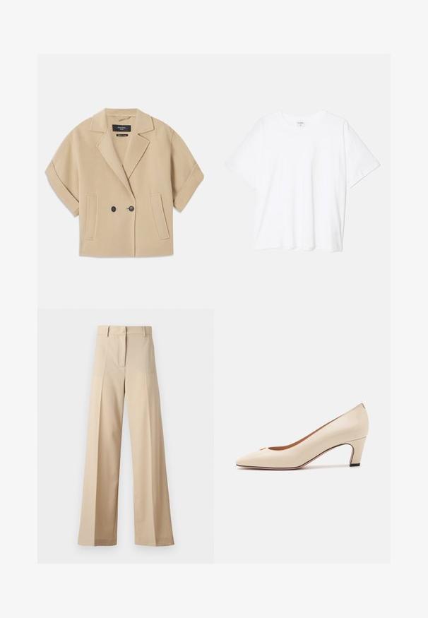 Casaco bege de dupla certeza com mangas curtas, apresentando um lapela serrilhada e dois bolsos frontais, feito de um tecido suave e texturizado.; T-shirt de algodão branco com mangas curtas, decote redondo, corte descontraído e bainha cosida. Etiqueta visível no interior do pescoço.; Calças largas bege feitas de tecido suave, com frente plana com pregas, fecho de correr e passantes para cinto. Ajuste entalhado no geral.; Sapatilha de verniz bege com bico apontado e um tacão baixo e quadrado. Apresenta um pequeno detalhe em ouro no bico. Textura suave.