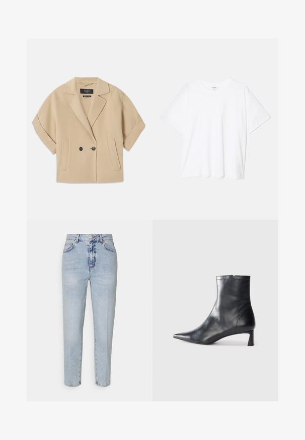 Bež jakna s duplim kopčanjem i kratkim rukavima, s reverom i dva prednja džepa, izrađena od mekane teksturirane tkanine.; Bijela pamučna majica s kratkim rukavima, okruglim izrezom, opuštenim krojem i šivenim rubom. Etiketa je vidljiva na unutarnjoj strani vrata.; Svijetloplave traperice s visokim strukom, ravnog kroja, vidljivim prednjim džepovima i ispranim izgledom. Prisutne su šavove i detalji dugmeta.; Crne kožne gležnjače s uskim vrhom i elegantnim dizajnom. Imaju niski potpetak i zatvaranje na patentni zatvarač straga. Glatka tekstura.