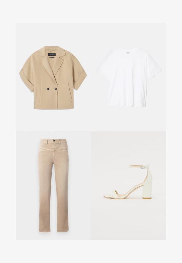 Casaco bege de dupla certeza com mangas curtas, apresentando um lapela serrilhada e dois bolsos frontais, feito de um tecido suave e texturizado.; T-shirt de algodão branco com mangas curtas, decote redondo, corte descontraído e bainha cosida. Etiqueta visível no interior do pescoço.; Jeans beige de perna reta feitos de tecido macio, com fecho de botão na frente, dois bolsos frontais e detalhes de costura discretos.; Sandal de bloco em pele branca, apresentando uma correia no tornozelo com fivela e um design minimalista. Com biqueira aberta e texturas suaves ao longo de toda a peça.