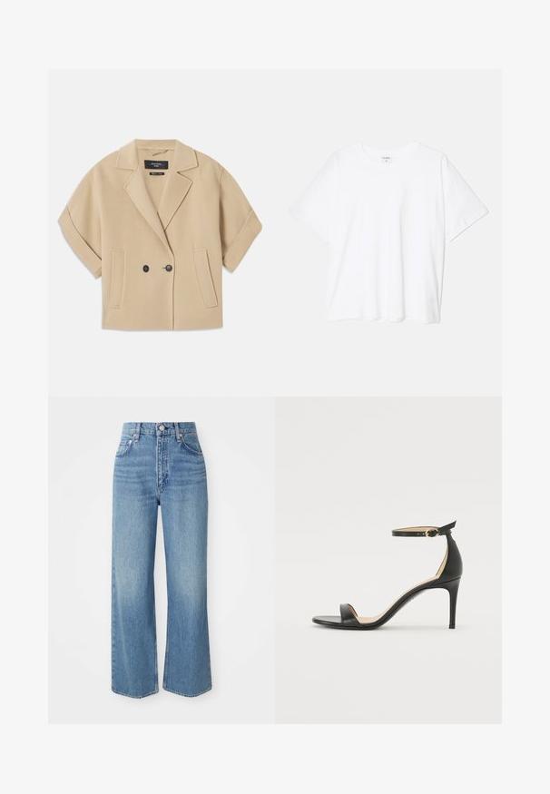 Beige dobbeltradet jakke med korte ærmer, der har en notched krave og to frontlommer, lavet af et blødt tekstureret stof.; Hvid bomulds-t-shirt med korte ærmer, rund halsudskæring, afslappet pasform og stitched søm. Mærket er synligt indeni halsen.; Lyseblå denimjeans med høj talje, brede ben og rå kant. Har traditionelt femlomme-design og sølvfarvet knaplukning.; Sort læder højhælede sandaler med ankelrem. Har en glat tekstur, åben tå og en tynd hæl. Guldtonet spænde detalje.