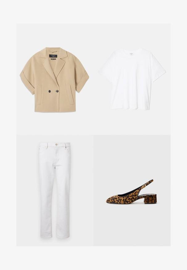Beige double-breasted jacket with short sleeves, featuring a notched lapel and two front pockets, made from a soft textured fabric.; White cotton t-shirt with short sleeves, round neckline, relaxed fit, and stitched hem. Label visible on the inside neck.; White denim jeans with straight leg cut, five-pocket design, light stitching, and silver button closure. Smooth texture and minimal detailing.; Women's leopard print slingback shoe with low block heel and gold buckle on side strap, shown in side profile on plain background.