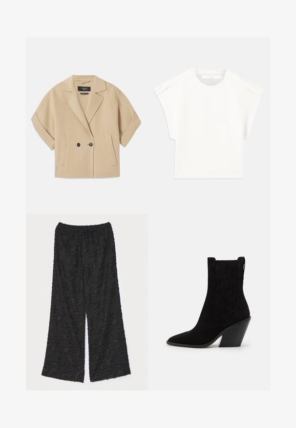 Beige double-breasted jacket with short sleeves, featuring a notched lapel and two front pockets, made from a soft textured fabric.; White boxy t-shirt with short sleeves. Made from smooth fabric, featuring a round neckline and subtle shoulder accents. Simple design.; Black wide-leg pants made of textured fabric with a floral pattern. Features an elastic waistband with a drawstring for adjustable fit.; Iro MAZOLA FIT  - High heeled ankle boots - black