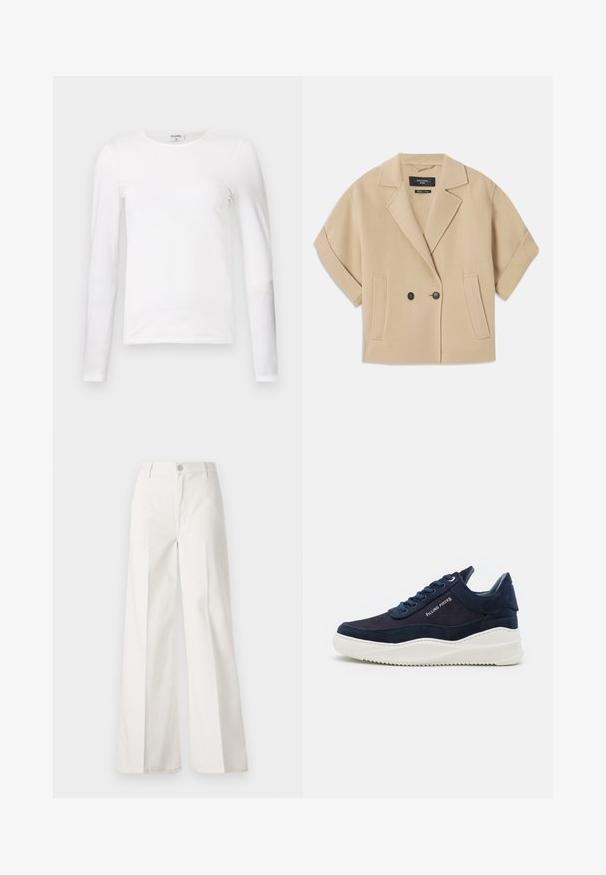 Beige doppelt-knopf jacke mit kurzen Ärmeln, mit einem Reverskragen und zwei Vorderentaschen, aus einem weichen strukturierten Stoff gefertigt.; Weißes Langarm-T-Shirt aus weicher Baumwolle, mit rundem Halsausschnitt und schmalem Schnitt, sauberen Nähten und ohne sichtbare Muster.; Weiße weite Hosen aus Baumwolle mit glatter Textur. Sie verfügen über einen vorderen Knopf, einen Reißverschluss und ein Design mit vier Taschen.; Dunkelmarineblaue Wildleder-Sneaker mit weißen Gummisohlen, runder Zehenform und Schnürdesign. Mit Logo-Detail an der Seite und strukturierten Akzenten.