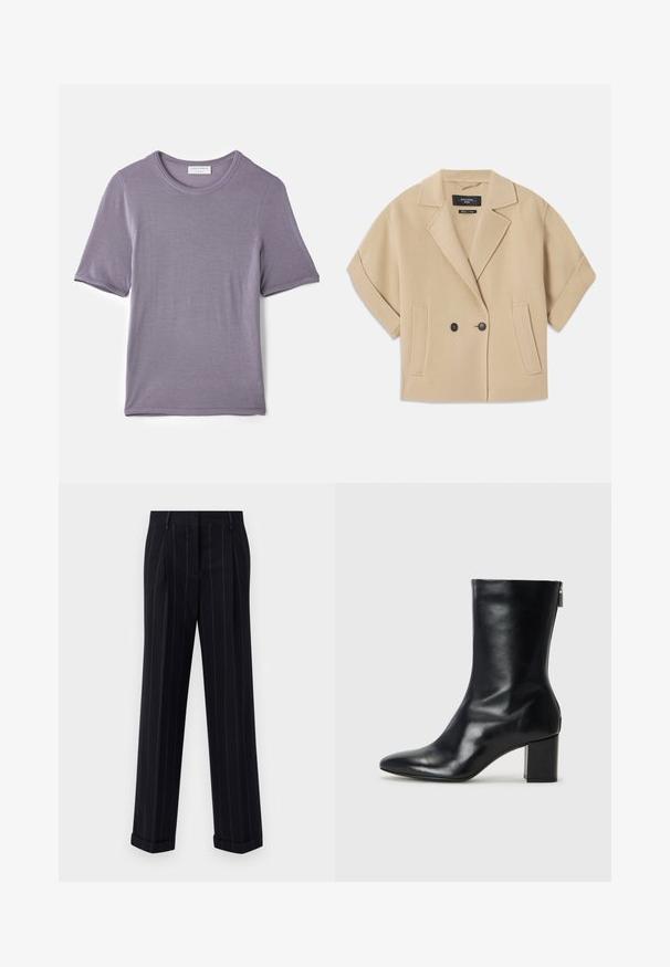 Beige, rövidujjú, dupla gombos zakó, kihajtott gallérral és két elülső zsebnél, puha textúrájú anyagból készült.; Lila, rövid ujjú póló, puha anyagból készült, kerek nyakkal és egyenes aljjal, sima textúrával és látható minták nélkül.; Fekete csíkos nadrág, testre szabott fazonnal, cuffolt szegéllyel és elülső redőkkel. Sima anyagból készült, strukturált kialakítással.; Fekete bőr bokacipő hegyes orral és 4 cm-es blokkfallal. Simán díszített designja oldalra nyíló cipzárral rendelkezik, ami megkönnyíti a felvételt. Simább textúrával.