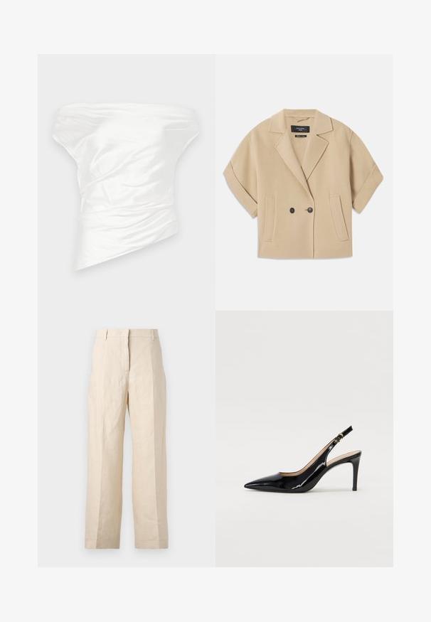 Bēšas divrindu jaka ar īsām piedurknēm, ar ievērojamu piegriezumu un divām priekšējām kabatām, izgatavota no mīksta teksturēta auduma.; Balta off-the-shoulder top, izgatavota no gludā satenā, ar drapēta un strukturēta dizaina elementiem un asimetrisku apakšmalu.; Bežīgas lina bikses ar brīvu piegriezumu, krokām priekšā un taisnām kājām. Piedāvā jostu ar cilpiņām un bez redzamām kabatām.; Melnas lakotās ādas slingback kurpes ar izteiktu degunu, šauru papēdi un smalku izgriezumu dizainu. Siksniņai ir zelta sprādze.