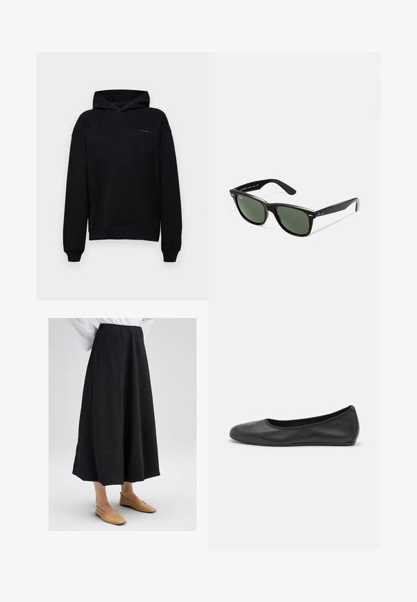 Giubbotto da motociclista in pelle nera con colletto a punta, cerniera diagonale e due tasche con zip. Presenta una vita con cintura e cuciture strutturate.; Felpa nera con un design classico, realizzata in tessuto morbido. Presenta una tasca frontale, polsini a coste e un piccolo logo sul petto.; Gonna nera midi con superficie testurizzata, dotata di una vita elasticizzata e una silhouette fluida. Abbinata a scarpe basse beige.; Pantofole da balletto nere in pelle con punta arrotondata, texture liscia, dettagli di cucitura minimi e design con suola flessibile.; Occhiali da sole in plastica nera con lenti verdi, montatura quadrata, dettaglio argento sulla parte superiore e steli con texture. Marchio indicato sulla parte interna dello stelo.
