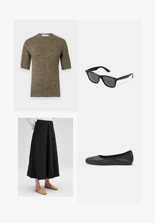 Jachetă de motociclist din piele neagră cu guler cu decupaje, fermoar diagonal și două buzunare cu fermoar. Prezintă o talie cu curea și cusături structurate.; Pulover tricotat cu mâneci scurte, de culoare verde măsliniu, cu un model texturat și decolteu rotunjit, având detalii cu rețea pe mâneci și tiv.; Fustă midi neagră cu o suprafață texturată, având un brâu elastic și o siluetă fluidă. Asortată cu pantofi bej fără toc.; Balerini din piele neagră, cu vârf rotund, textură netedă, detalii de cusătură minimale și un design al tălpii flexibil.; Ochelari de soare din plastic negru cu lentile verzi, rame pătrate, accent argintiu pe sprânceană și brațe texturate. Marca este menționată pe brațul interior.