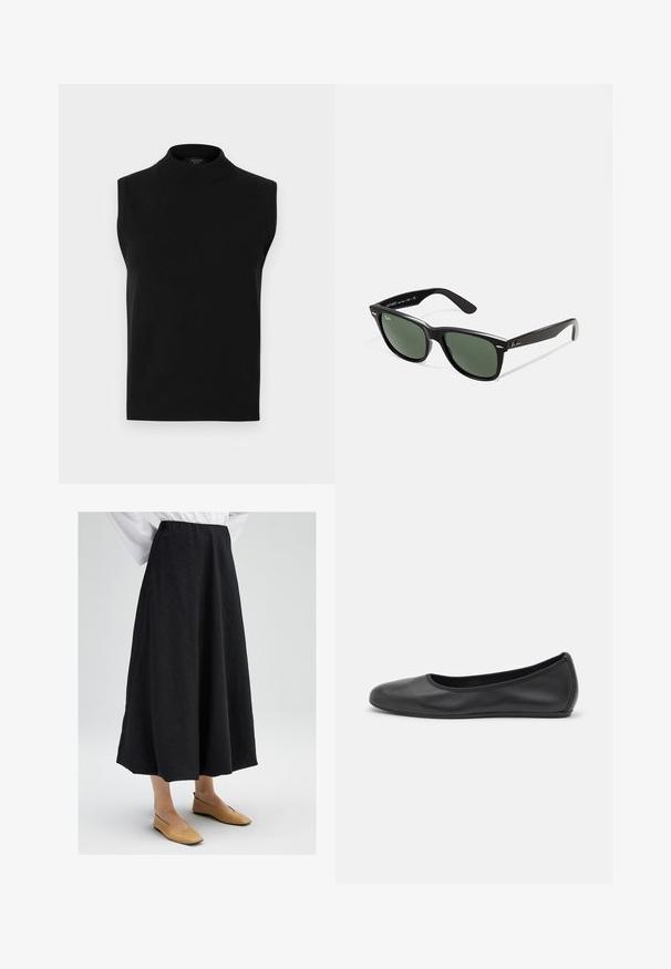 Must musträkibikeri nahkajope, millel on sooneline krae, diagonaalne tõmblukk ja kaks tõmblukuga taskut. sisaldab vööga taljet ja struktureeritud õmblusi.; Must mustriga turtleneck särk, mis on valmistatud siledast kudumist, kõrge kaelusega ja soonikkoes äärega. Sobib mitmekesisteks kihistamisteks.; Mustkunstine musta värvi midi seelik, millel on tekstuuriga pind, pa elastne vöökohaga ja voolava siluetiga. Kombineeritud beežide lapikutega kingadega.; Musthave mustika tantsutossud mustast nahast, ümmarguse varbaga, siledast tekstuurist, minimaalse õmblusdetailiga ja paindliku tallakujundusega.; Mustad mustan plastiku prillid roheliste läätsedega, ruudukujulised raamid, hõbedane aksent kulmude peal ja tekstuuriga tempelkäed. Brändi nimi on märgitud sisevarrele.