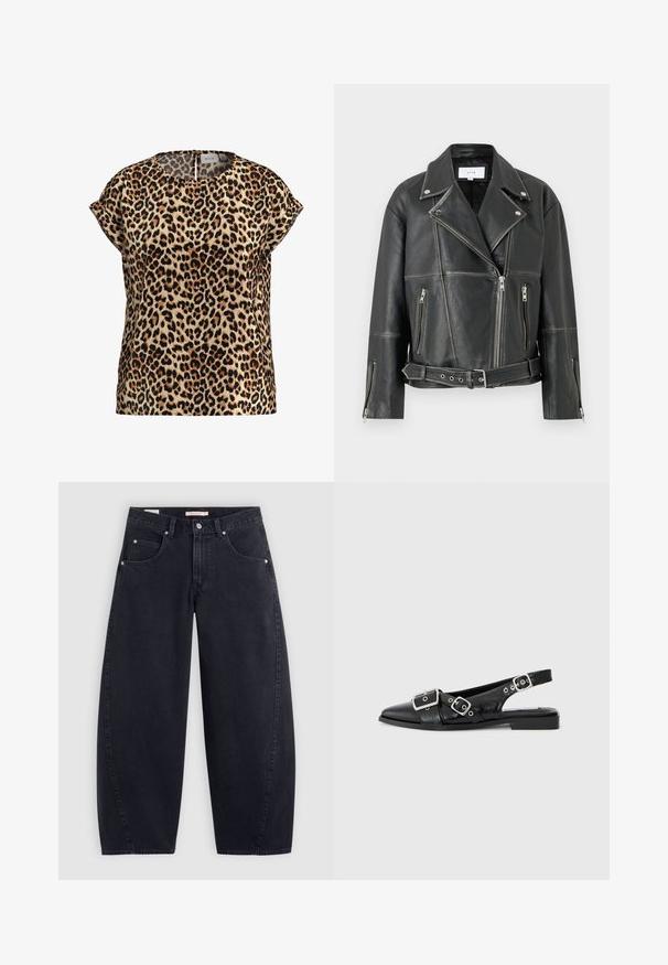 Jachetă de motociclist din piele neagră cu guler cu decupaje, fermoar diagonal și două buzunare cu fermoar. Prezintă o talie cu curea și cusături structurate.; Top cu imprimeu de leopard, mâneci scurte, decolteu rotund, realizat dintr-un material fin; are un fundal bej cu pete negre și maro.; Jeans negri din denim, cu croi larg și talie înaltă, două buzunare frontale și accesorii din metal argintiu. Textură netedă, detalii minime de coasere și croială dreaptă.; Pantofii slingback din piele neagră, cu vârf ascuțit, două catarame argintii și toc mic pătrat. Prezintă un exterior texturat și spate deschis.
