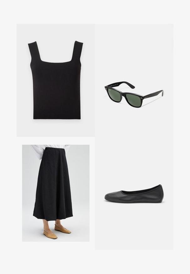 Zwarte leren motorjack met een uitgesneden kraag, diagonale rits en twee ritszakken. Heeft een riem in de taille en gestructureerde naden.; Zwart topje met vierkante hals gemaakt van gladde stof. Heeft brede bandjes en een nauwsluitende silhoutte met een nette zoom. Geen zichtbare patronen.; Zwarte midi-rok met een gestructureerd oppervlak, voorzien van een elastische tailleband en een vloeiende silhouet. Gepaard met beige platte schoenen.; Zwarte leren ballerina met een ronde neus, gladde textuur, minimale stikdetails en een flexibele zoolontwerp.; Zwarte plastic zonnebril met groene lenzen, vierkante montuur, zilveren accent op de wenkbrauw en een gestructureerde tempel. Merken vermeld op de binnenkant van de arm.; Bruine leren handtas met een klep sluiting, gouden hardware, een schouderband en een gladde textuur. Compact rechthoekige vorm.