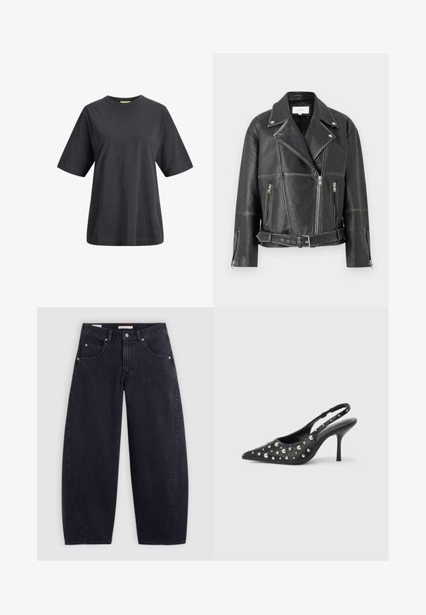 Jachetă de motociclist din piele neagră cu guler cu decupaje, fermoar diagonal și două buzunare cu fermoar. Prezintă o talie cu curea și cusături structurate.; Tricou din bumbac negru, cu gât rotund, mâneci scurte și o croială lejeră. Textură fină și design simplu, fără imprimeuri sau modele.; Jeans negri din denim, cu croi larg și talie înaltă, două buzunare frontale și accesorii din metal argintiu. Textură netedă, detalii minime de coasere și croială dreaptă.; Pantof elegant cu toc înalt, tip slingback, de culoare neagră, cu vârf ascuțit, decorațiuni cu ținte și accente argintii strălucitoare. Textură netedă din piele și toc subțire stiletto.