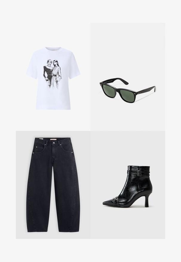 Veste de moto en cuir noir avec un col cranté, une fermeture éclair diagonale et deux poches zippées. Caractéristiques d'une taille ceinturée et de coutures structurées.; T-shirt en coton blanc présentant un croquis noir de deux femmes en tenue stylée. Manches courtes et coupe loose avec col rond.; Jean large en denim noir à taille haute, avec deux poches avant et des accessoires en argent. Texture lisse, détails de couture minimaux et coupe droite.; Tamaris Bottines compensées - black; Lunettes de soleil en plastique noir avec verres verts, monture carrée, accent argenté sur le sourcil et branches texturées. Marque indiquée sur l'intérieur de la branche.