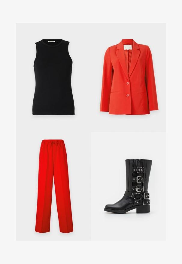 Rdeč blazer s krojem po meri, z režastim ovratnikom, dvema sprednjima žepoma in dvema gumboma. Gladko blago z urejenim silhueto.; Črn brezrokavnik z rebrastim vzorcem in okroglo ovratnikom. Ima ozko prileganje in diskretne stranske razpoke na robu. Mehka, teksturirana tkanina.; Rdeče hlače širokega kroja, narejene iz gladkega materiala. Imajo elastičen pas in detajl z vrvico za prilagodljivo prileganje.; Črne usnjene škornje z visokim uloženim delom, ki vključujejo več srebrnih sponk in trakov, krožno okrasje ter debel petek. Mat zaključek.