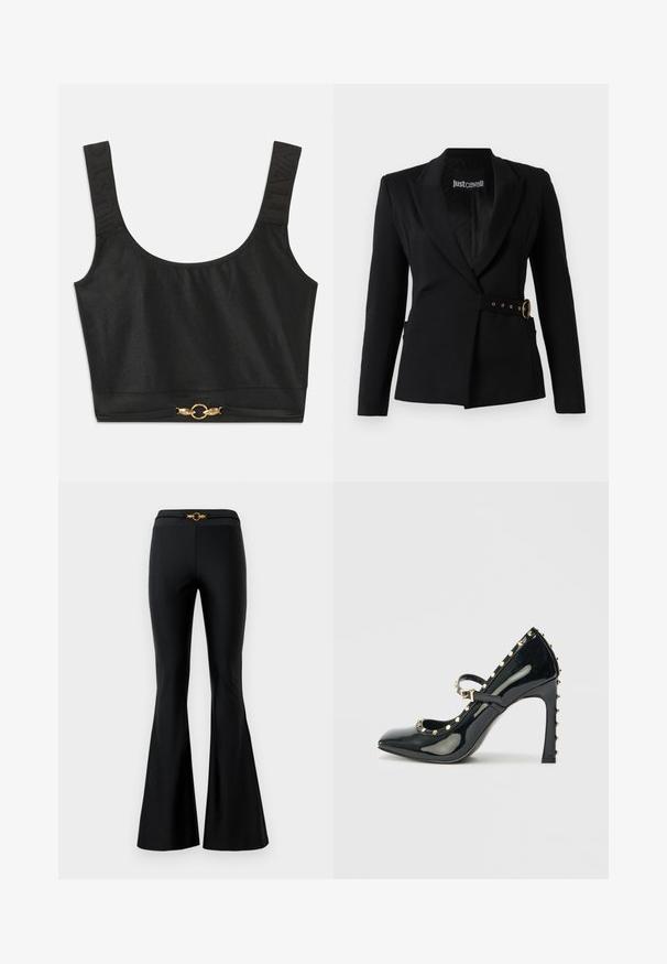Mustmust valmistatud struktuurilisest kangast, topelt rindadega disain, laiad kraed ja kuldne vöödetail ümmarguse pandlaga.; Musthave mustrikka mustriba, millel on laiad rihmad; tekstureeritud rihmad, millel on embotsitud "JUST"; hemline'il on kuldse tooni ringikujulised detailid.; Mustad laiad püksid siledast kangast, millel on rõhutatult keha järgivad vööd ja ees kuldne ringikujuline aksessuaar. Valmistatud venivast materjalist.; Mustmust musta lakknahast kõrge kontsaga king, millel on terav nina, pahkluu rihm ja kultased nurgapunktid äärtes.
